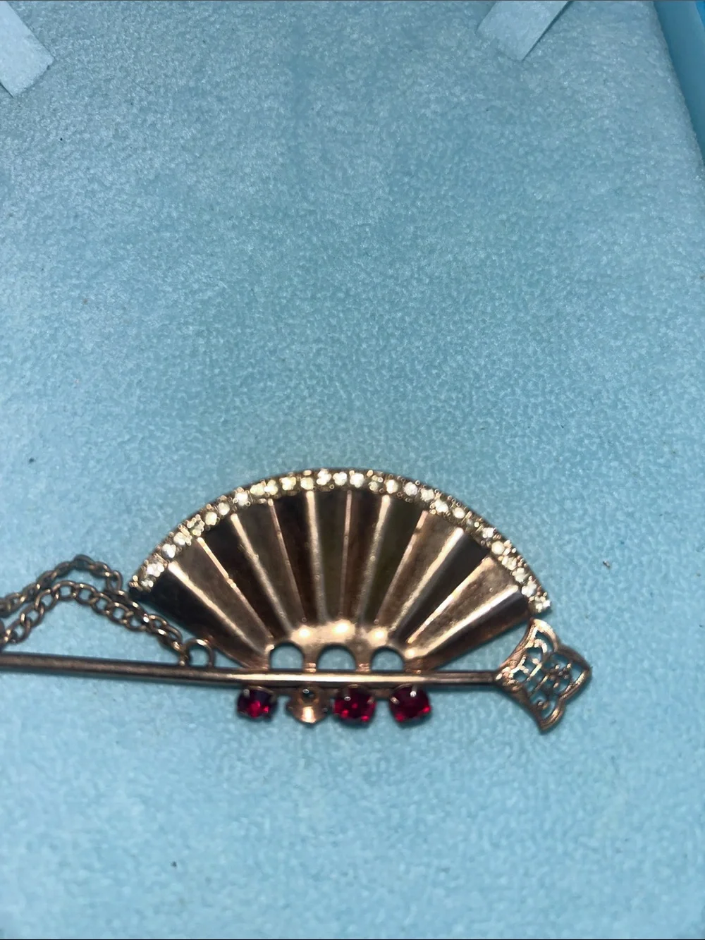 Vintage Art deco Rose Gold Fan Brooch with Red Crystal Accents